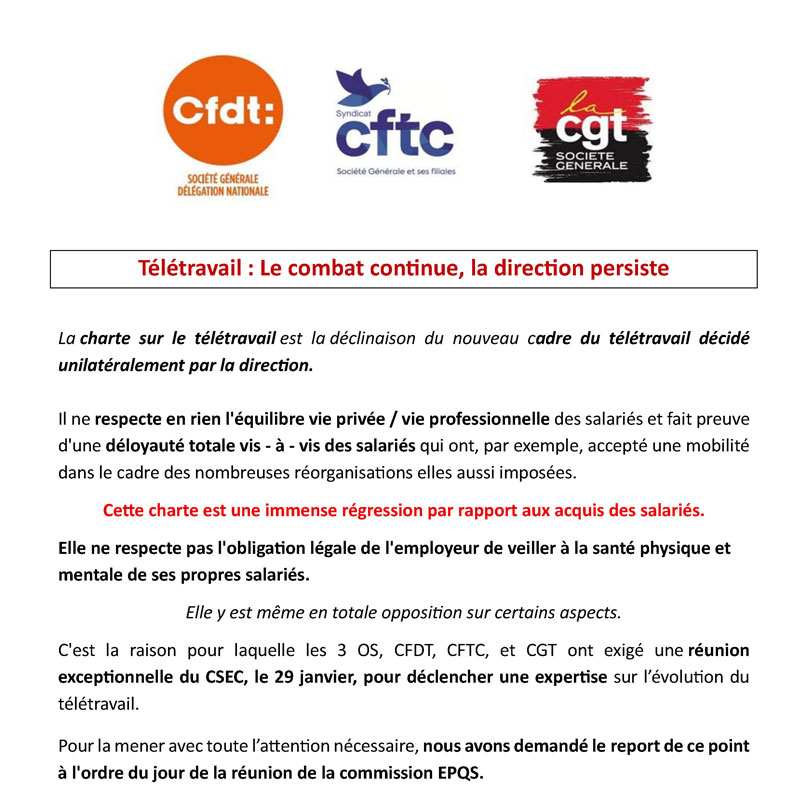 Déclaration de l'intersyndicale CFDT CFTC et CGT sur le télétravail - 29 janvier 2026