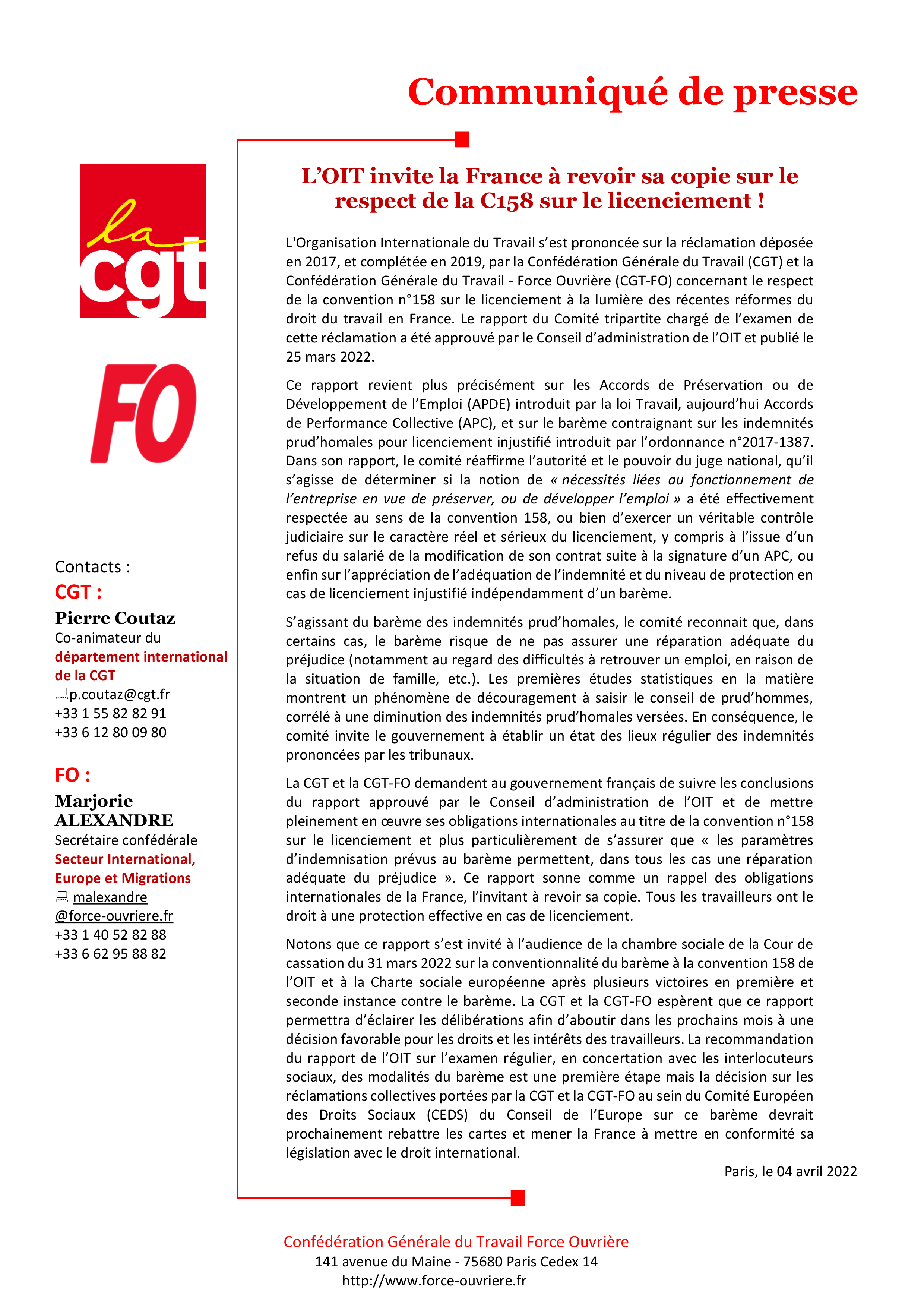 CP Commun CGT et FO L OIT invite la France à revoir sa copie sur le respect de la C158 sur le licenciement