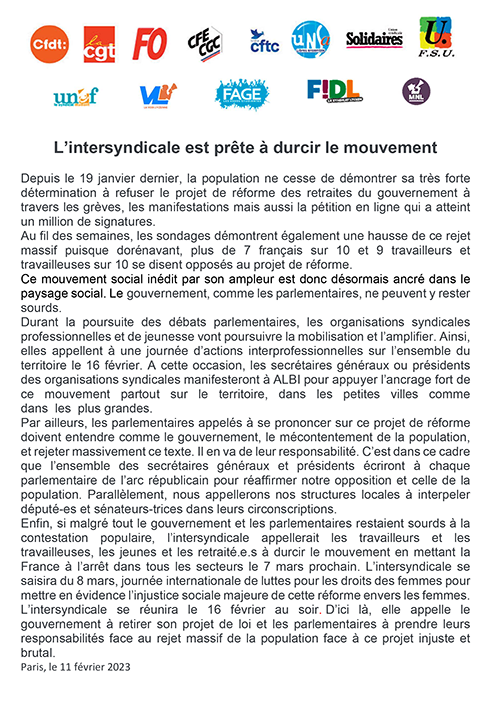 20220211 Communique Intersyndical du 11 fevrier 2023