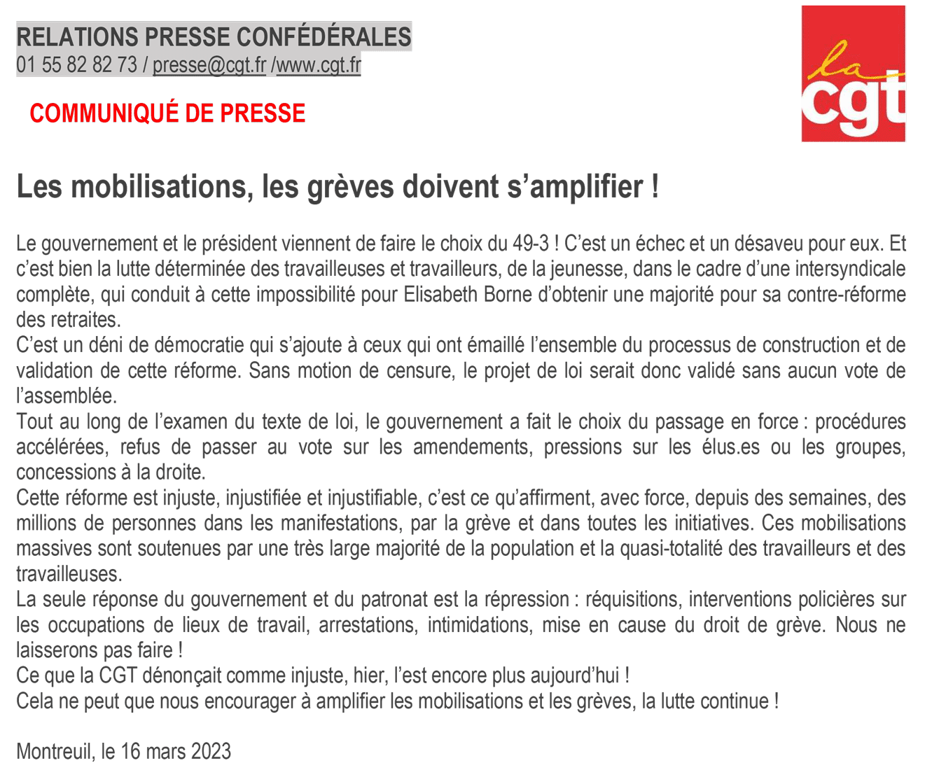 CP CGT Reforme des retraites Mobilisations et greves doivent s amplifier