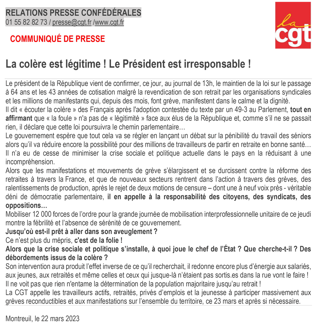CP CGT Retraite Colere legitime President irresponsable